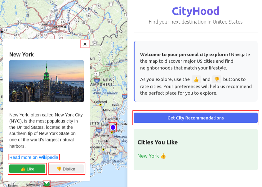 A city, New York, has been selected as 'liked' in the side panel.