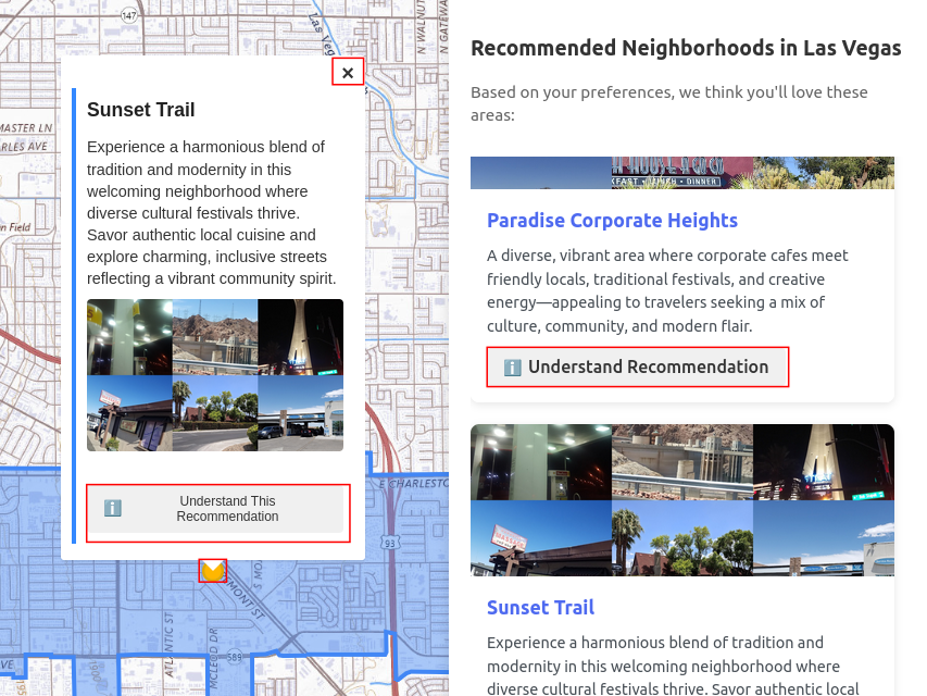 A list of recommended neighborhoods in Las Vegas is shown, including Paradise/Winchester and Sunset Trail, with descriptions and images.