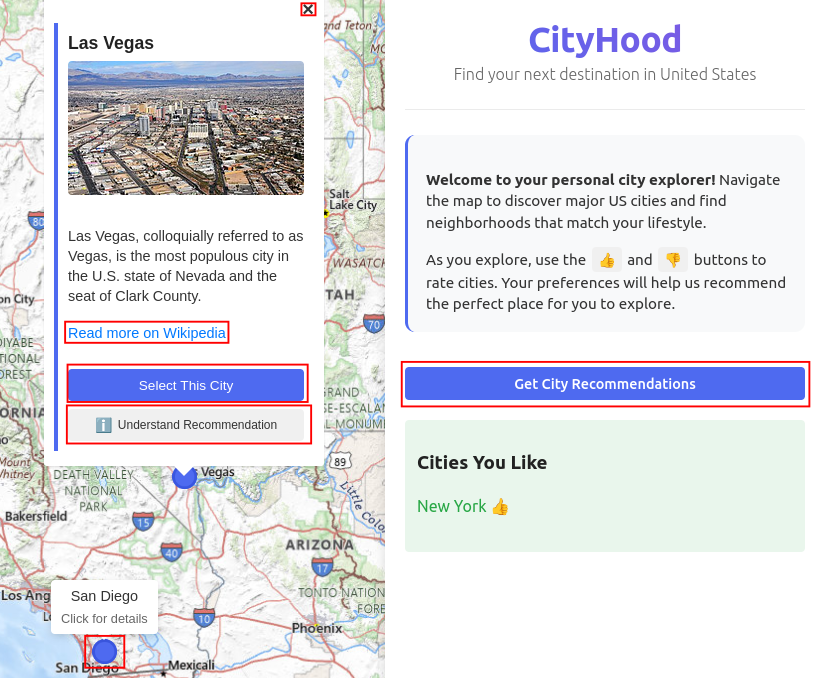 A list of recommended cities is shown in the side panel, with options to see explanations.