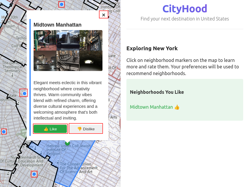A popup shows Midtown Manhattan, with a description and photos, which has been labeled as 'liked'.